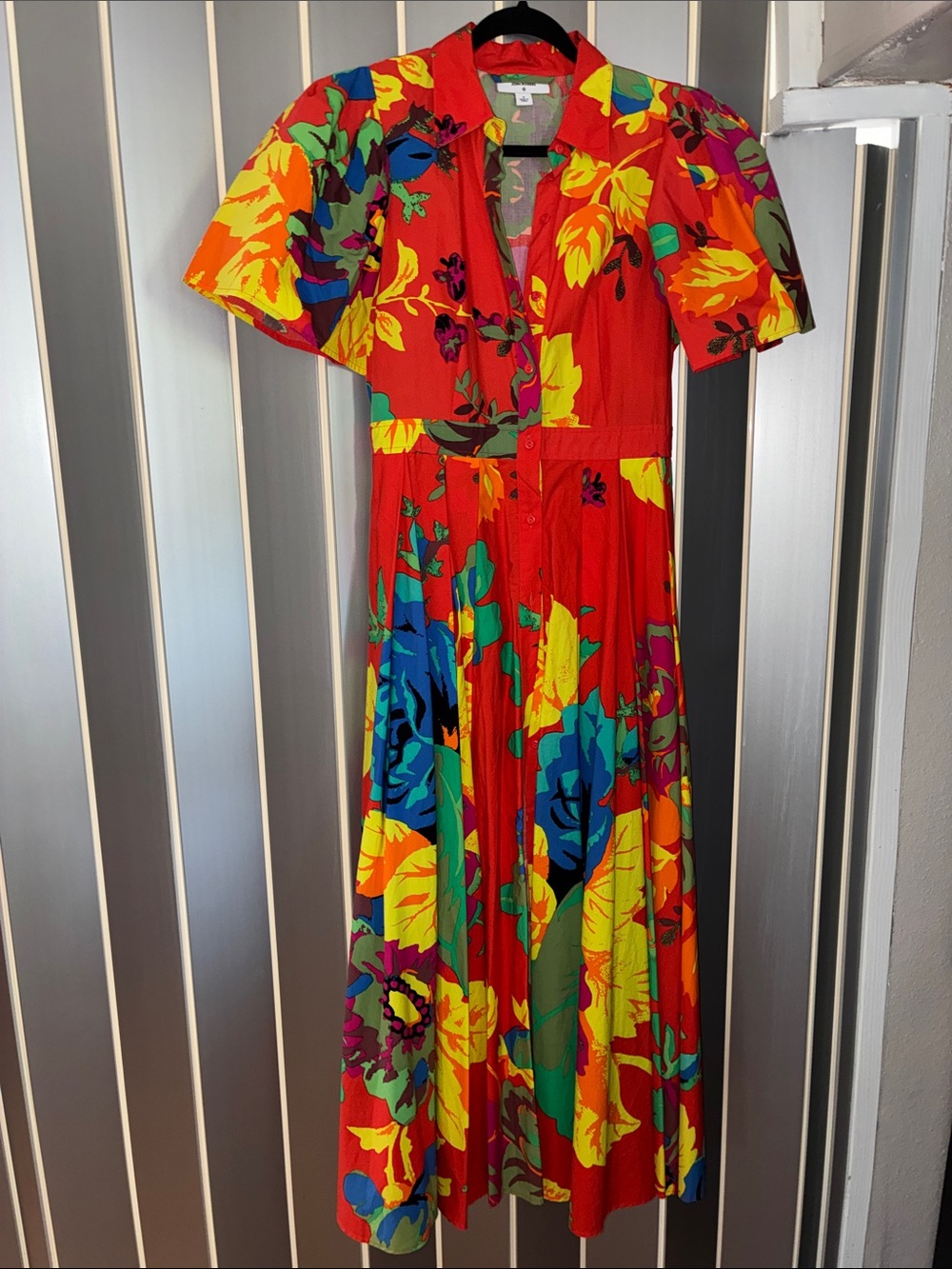 Christopher John Roger’s Vibrant Red Floral Button-Front Midi Dress